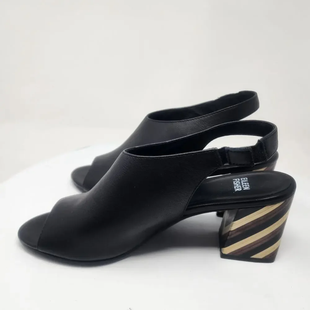 Eileen Fisher Bobbie Slingback Sandal Women 9.5 Italian Black Leather Wood Heel